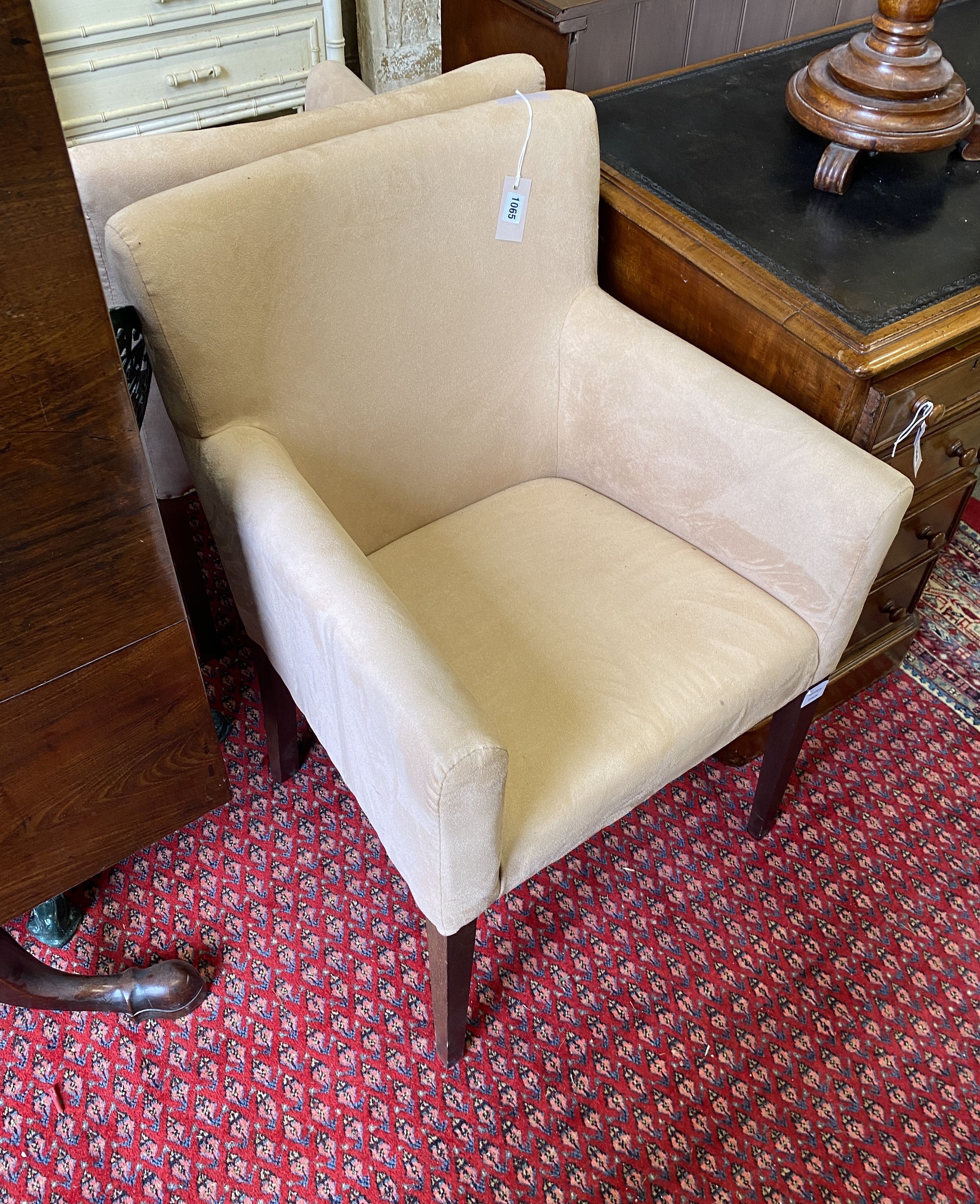 A pair of square framed armchairs with faux suede upholstery, width 60cm, depth 58cm, height 88cm